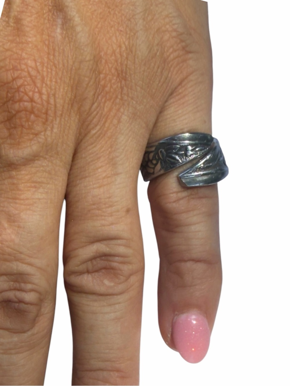 Floral Roses Artisan Ring - Upcycled Silverware - Japan National Stainless Sz 7 - Picture 11 of 15
